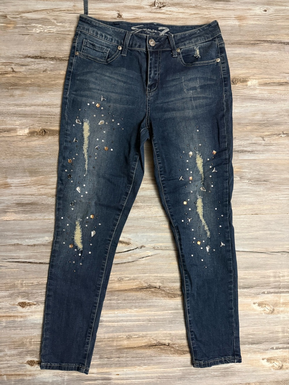 Seven7 Jeans Women’s Size 8 Dark Blue Ankle Skinny Distressed Stretch Studded